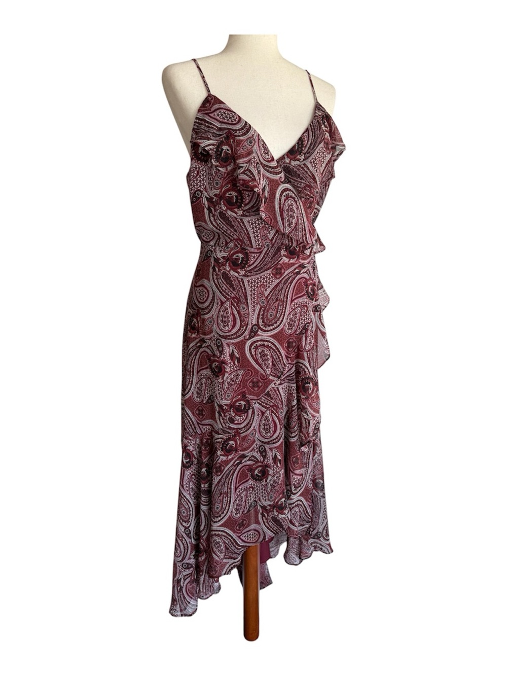 Express Paisley Ruffle Maxi Dress Red Ruffle V-Neck Spaghetti Strap Large - Picture 4 of 15